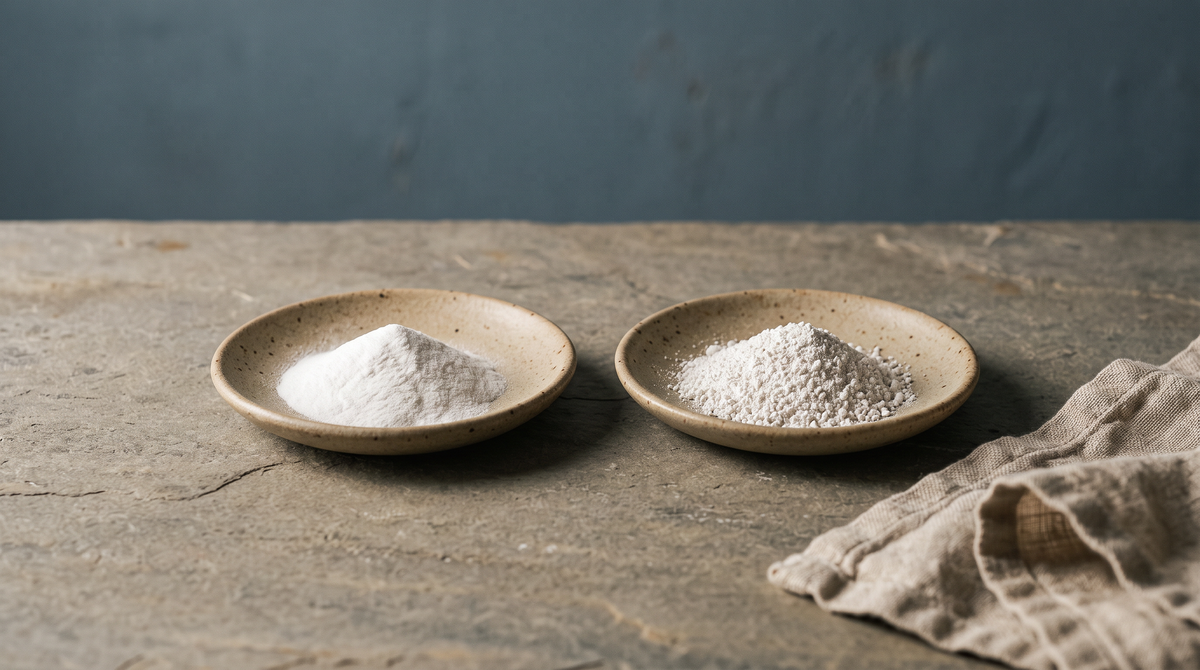 Two ceramic dishes with different magnesium powder textures side by side on grey slate