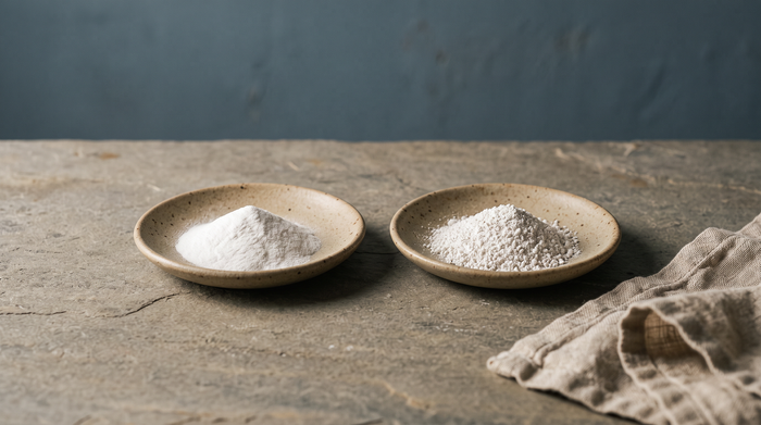 Two ceramic dishes with different magnesium powder textures side by side on grey slate