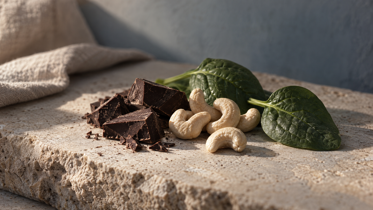 Dark chocolate, cashews and spinach on a stone surface , natural food sources of magnesium.
