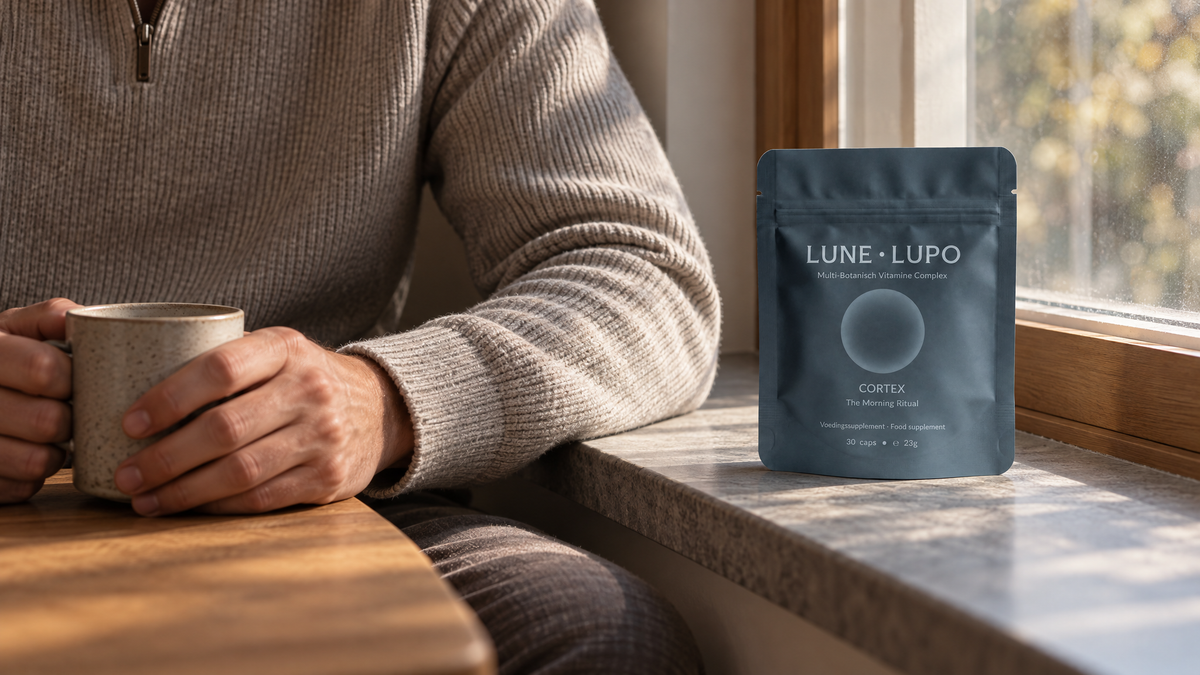 Multi-Botanical Vitamin Complex (CORTEX) on a windowsill beside a calm man, vitamine b12 routine