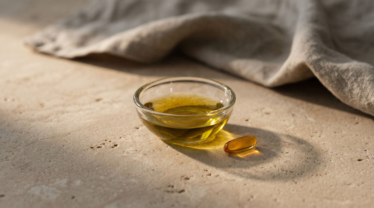 Golden olive oil and a single amber softgel capsule on a matte stone surface, soft side light.